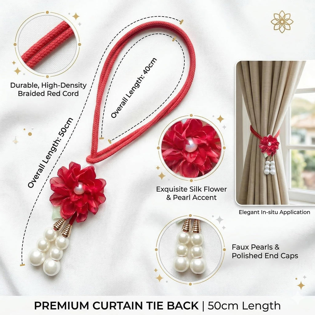 Adjustable Curtain Tiebacks, 4-Pack Hand-Woven Rope with Silk Flower & Pearl, Decorative Window Cord Holders