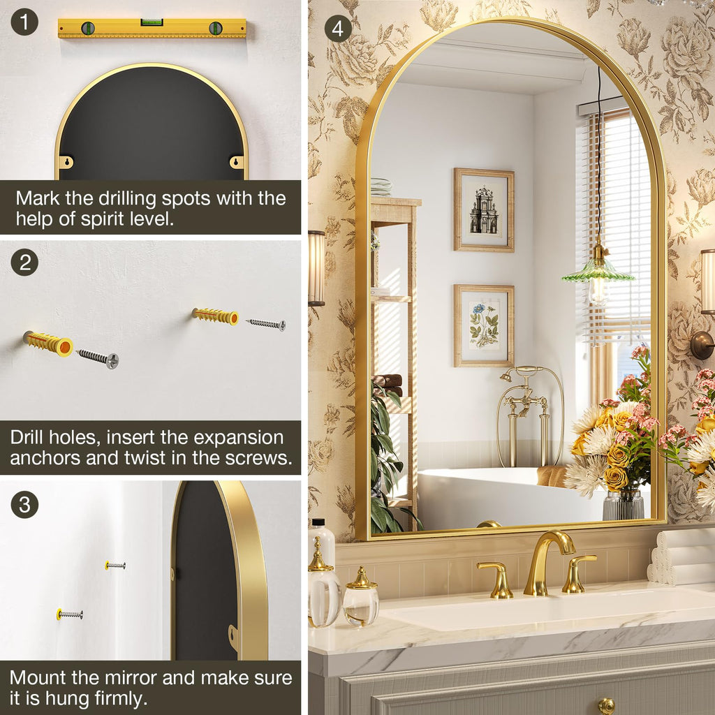 Gold Arched Mirror, 24 x 32 Inch Arch Wall Mirror, Brass Metal Frame Bathroom Mirror, Arched Top Bathroom Vanity