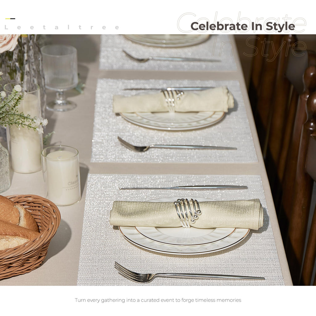 Woven Vinyl Placemats Set of 24,White and Silver