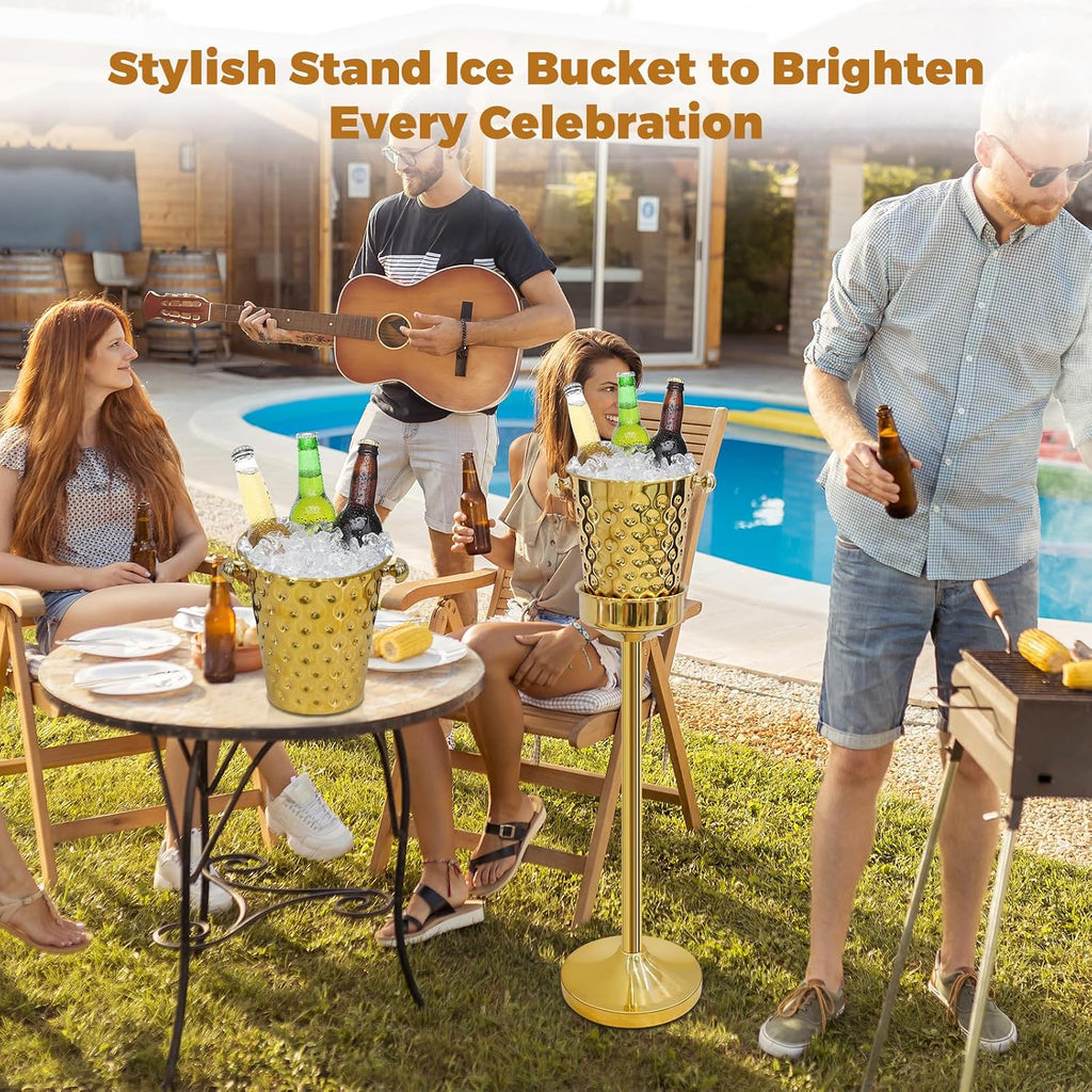 Gold Champagne Bucket with Stand, 5L Ice Bucket Wine Chiller, Stainless Steel Wine Bucket for Wedding BBQ Party Home