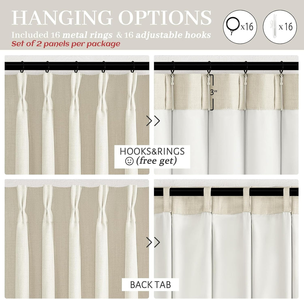 Thick Linen Sand Beige Black Out Curtains 96 Inch Long, Elegant Pinch Pleated Room Darkening Cream Curtain & Drapes