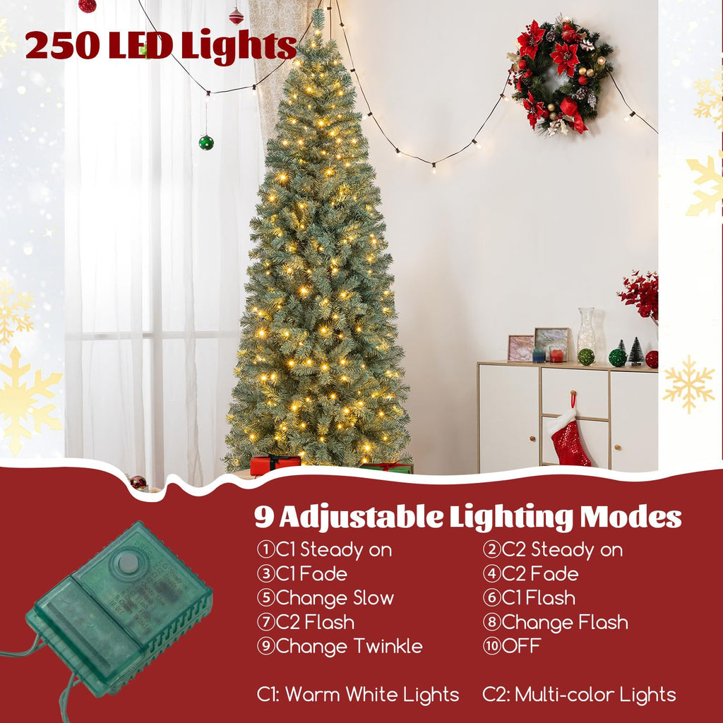 7.5 FT Pre-lit Pencil Christmas Tree, Hinged Artificial Xmas Tree w/ 724 Blue Branch Tips, 250 Warm White &