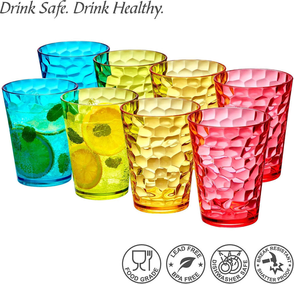Iceberg - 16-Ounce Plastic Tumblers (Set of 8), Plastic Drinking Glasses, Mixed-Color Reusable Cups, Stackable