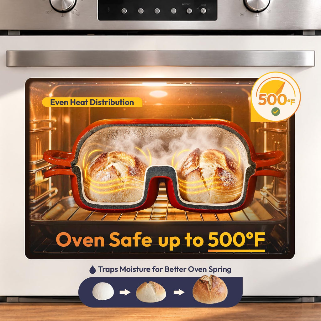 Double Dutch Oven for Sourdough Bread Baking, 2QT Enameled Cast Iron Double Loaf Pan with Lid, Oven Safe up to 500°F