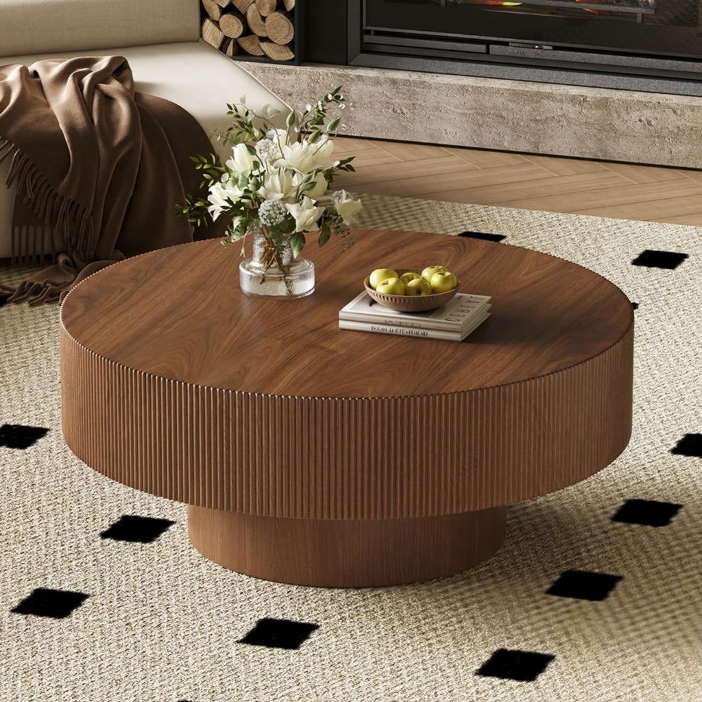 31.5" Round Fluted Coffee Table, Modern Wood Circle Drum Center Table, Accent Side Table with Sturdy Pedestal, Walnut