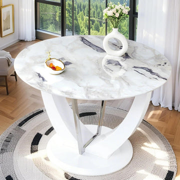 47" Round Dining Table for 4-6, White Faux Marble Kitchen Table with Wood Pedestal, Modern Circle Dinner Tables for