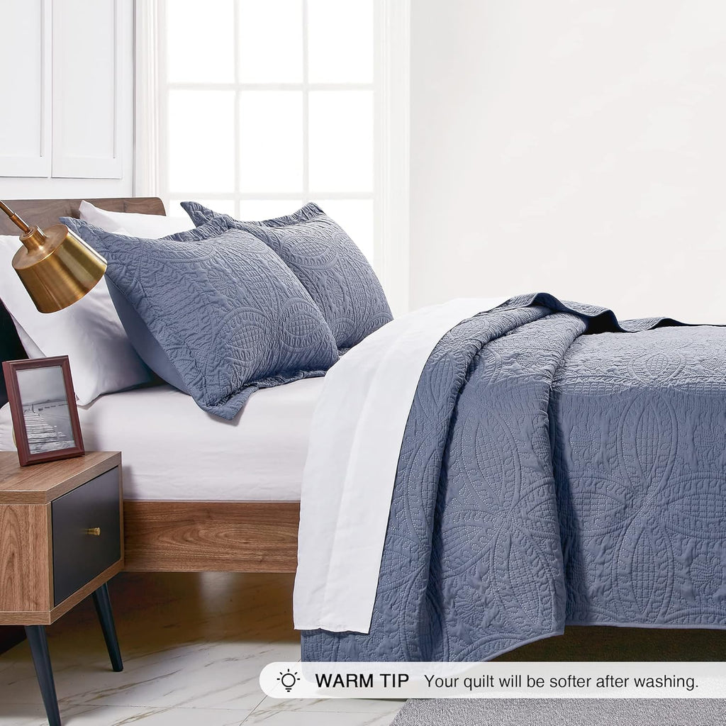 King Quilt Set Blue Bedspreads - Soft Bed Summer Lightweight Bedspread Comforter - Modern Style Coin Pattern Coverlet