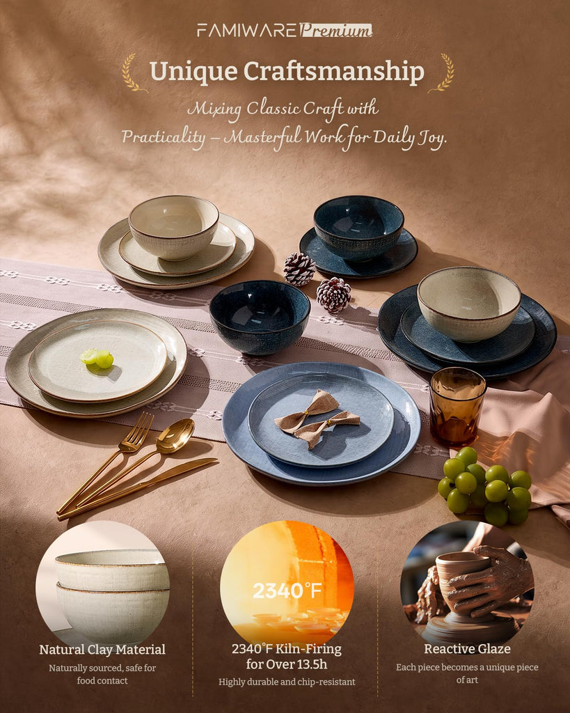 12-Piece Stoneware Dinnerware Sets, Linen Dishes Set for 4