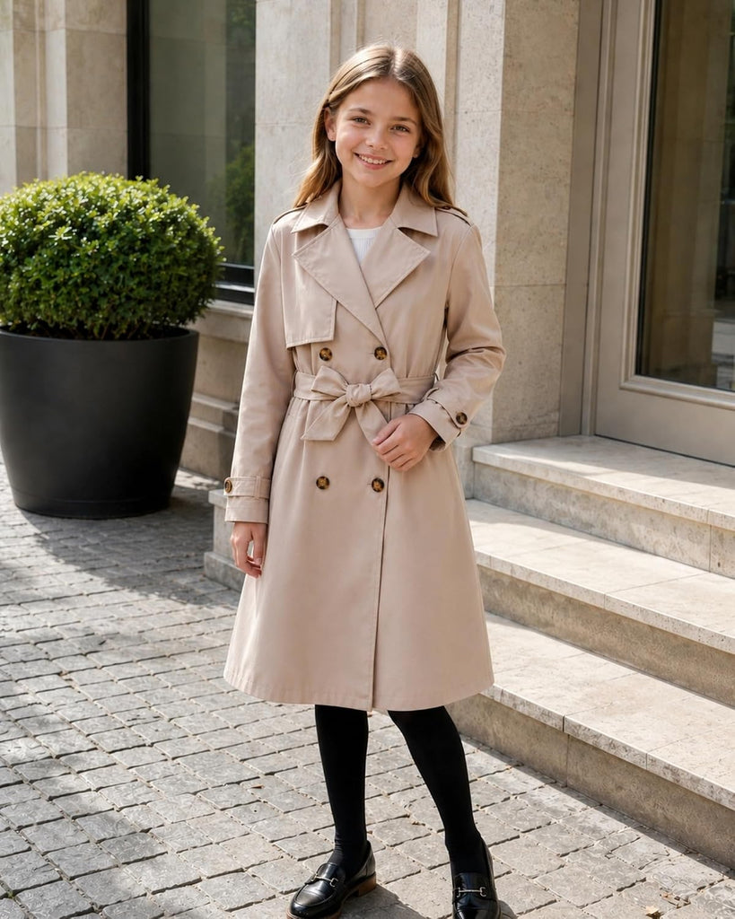 Girl Long Trench Coat Double Breasted Windproof Jacket With Belt