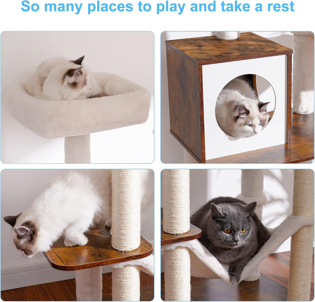 Wooden Cat Tree Tower with Hammock for Indoor Cats