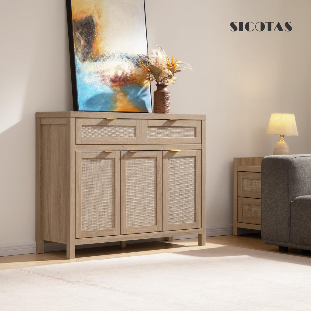 Rattan Sideboard Buffet Cabinet with Storage, Boho Credenza Accent
