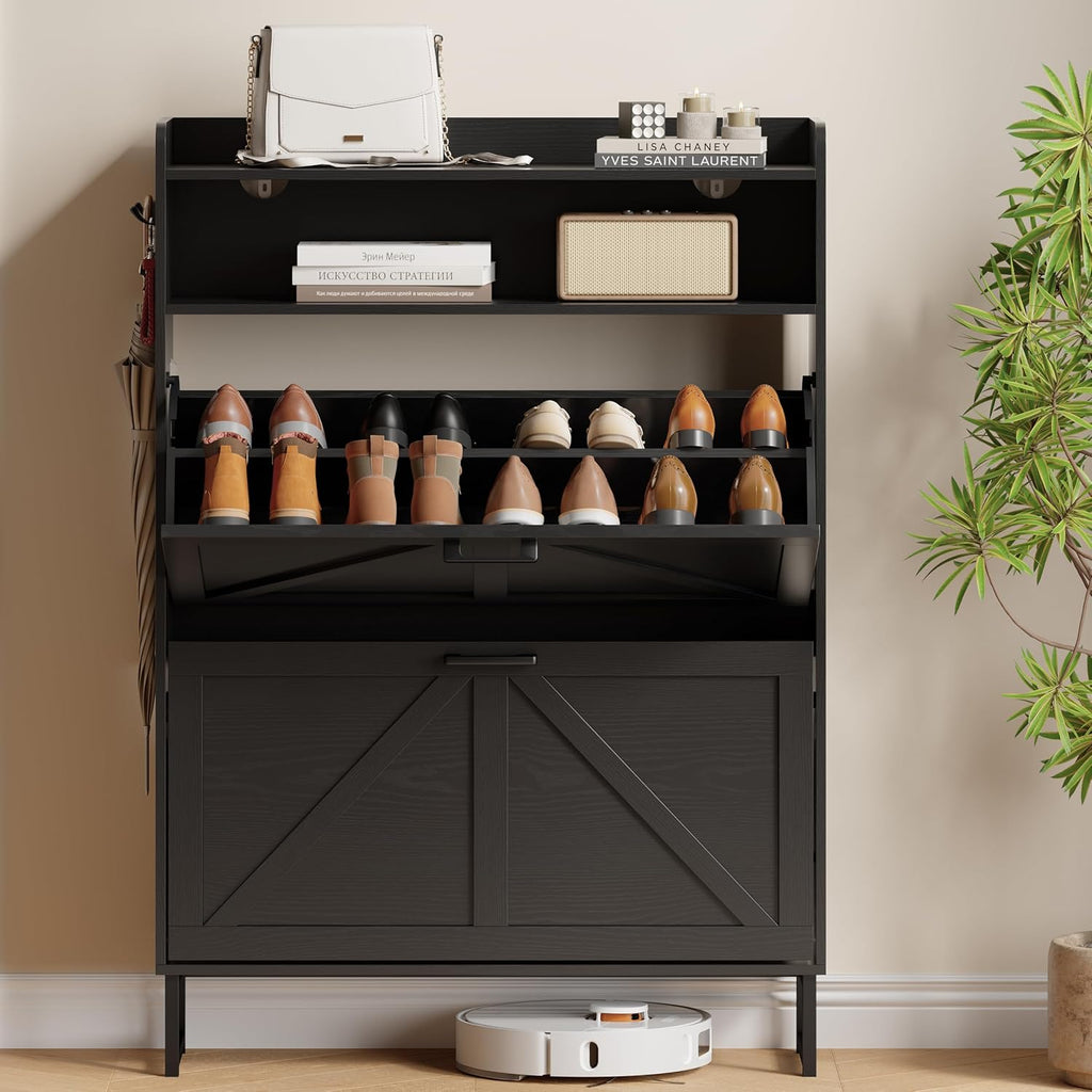 Shoe Cabinet with 2 Flip Drawers, Freestanding Hidden Shoe Storage Organizer , Narrow Slim Shoe Rack Cabinet with
