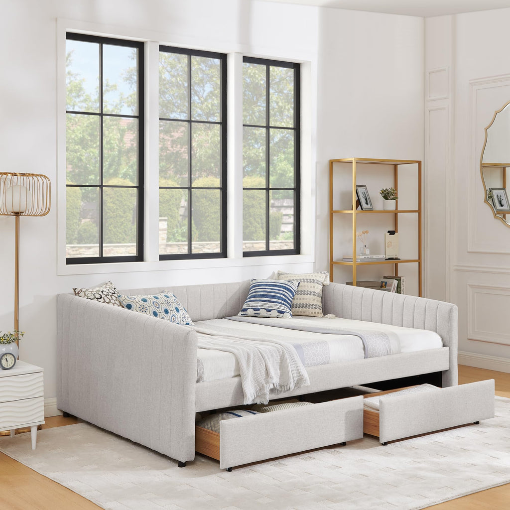 Queen Size Linen Upholstery Daybed with 2 Drawers, Modern Style Tufted Corner Sofa Bed Frame with Solid Wooden Slats