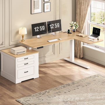 Farmhouse L Shaped Electric Standing Desk, 70.9" x 39.4" Height Adjustable Office Executive Desk with 3 Drawers