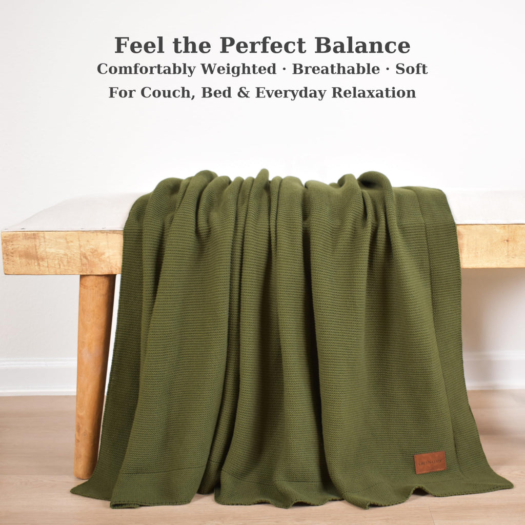 Premium 100% Cotton Knit Throw Blanket for Couch, Soft & Breathable, Oeko-TEX Certified, 50 x 60 Inches, Olive Green