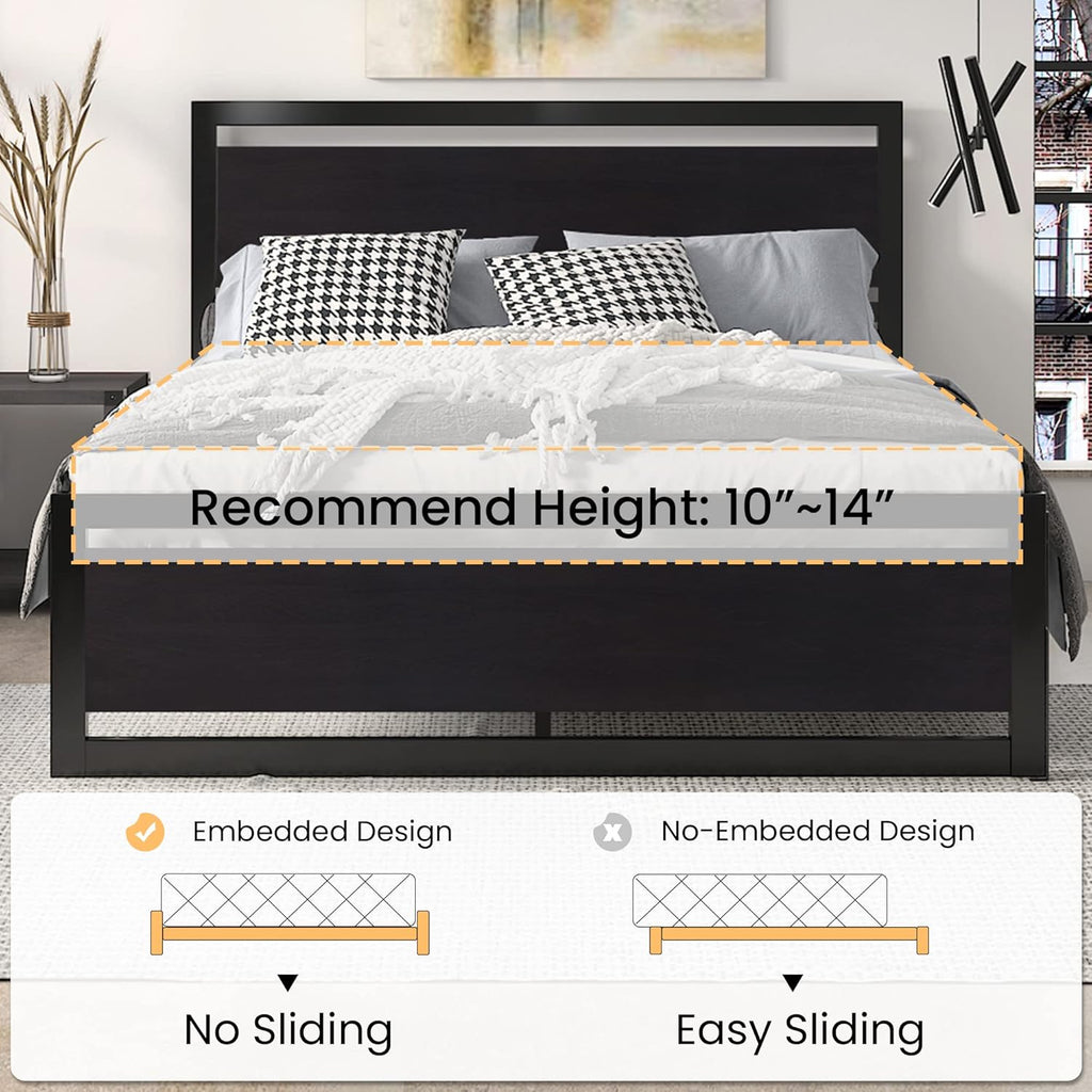 Queen Bed Frame with Modern Headboard, Heavy Duty Platform Metal Base with Square Footboard and 13 Strong Slats