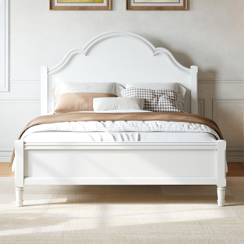 Vintage Bed Frame with Arched Headboard, White Wood Bedframe