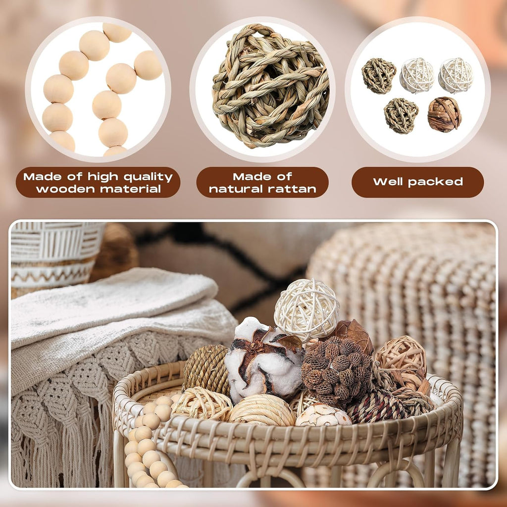 3.15 and 1.97 Inch Decorative Balls, 20.9 Inch Garland Wood Beads Rattan Wicker Balls with Spheres Orbs Filler - Set of 25
