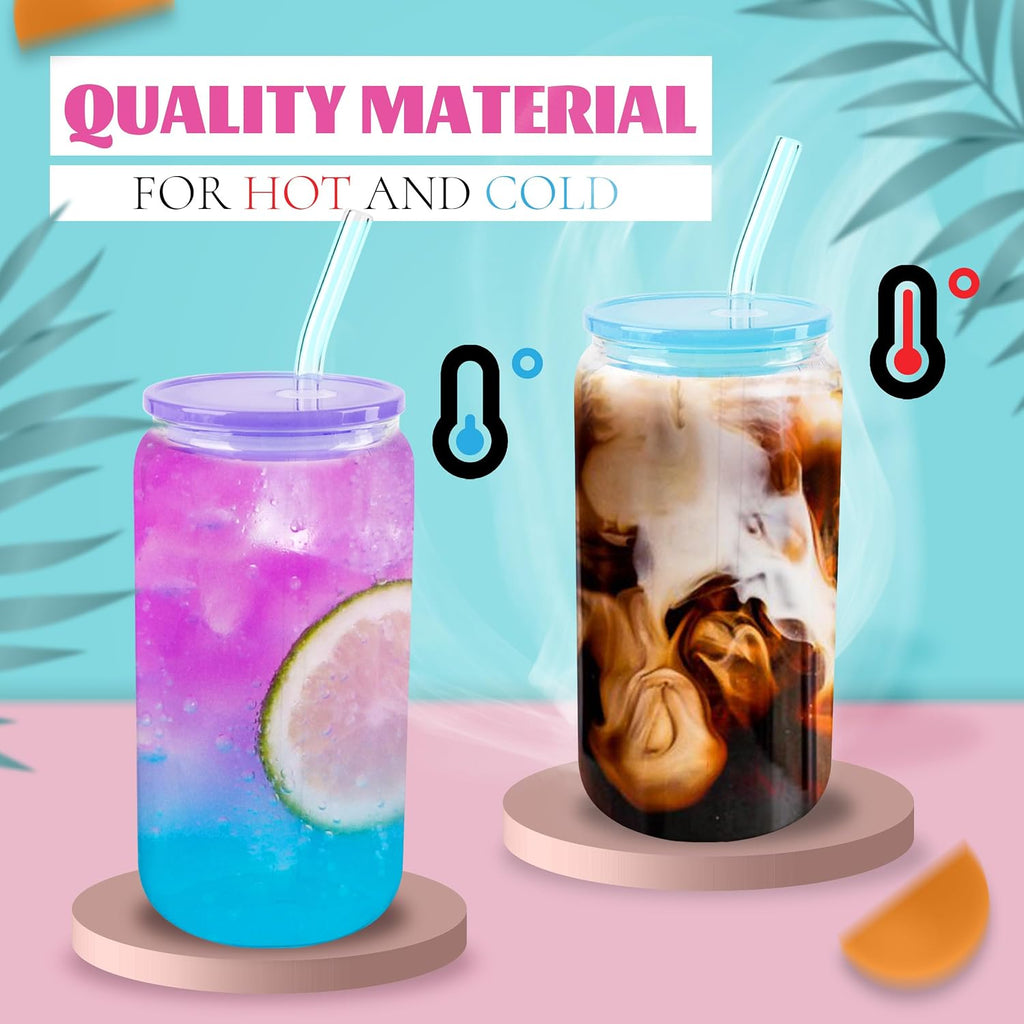 8pcs 16 oz Glass Cups with Acrylic Lids and Straws Can Shaped Iced Coffee Glasses Cute Tumbler Set Drinking Jars for
