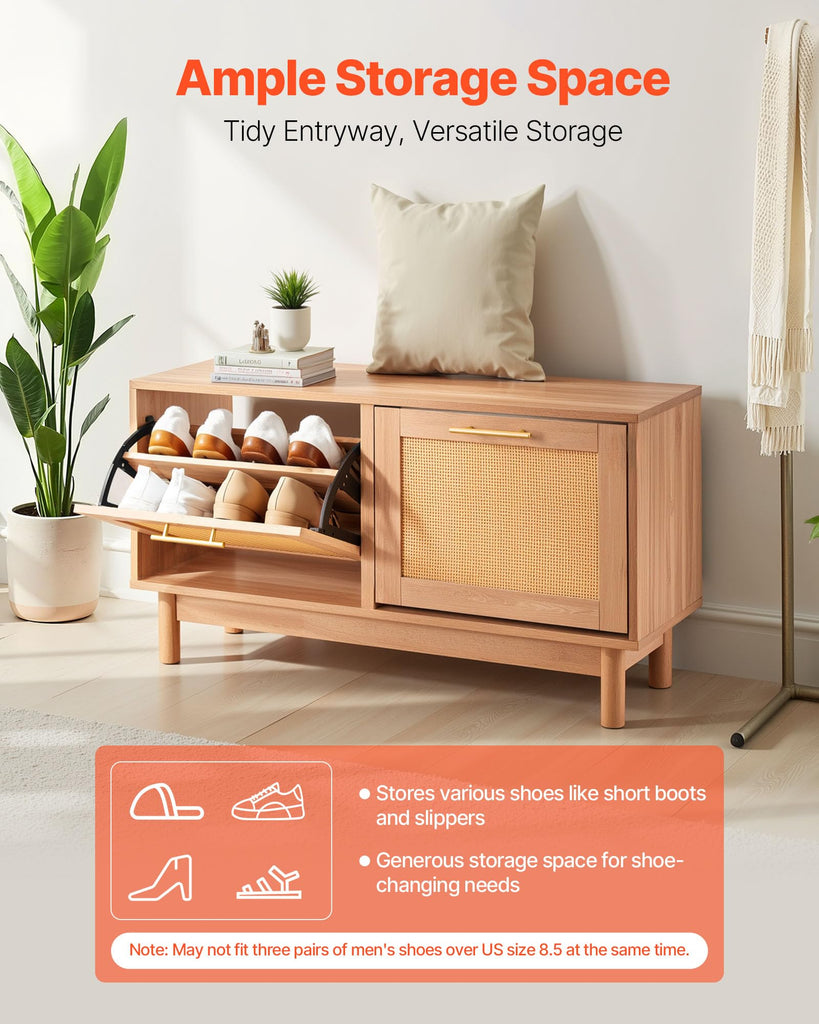 Rattan Shoe Storage Bench, Entryway Bench with 2 Flip Drawers, Holds up to 300 lbs with 4 Compartments and 2 Rattan