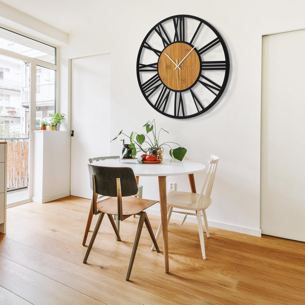 40" Large Display Wall Clock Decor - Silent, Battery Operated, Black Metal, Modern, Rustic Wood Clocks