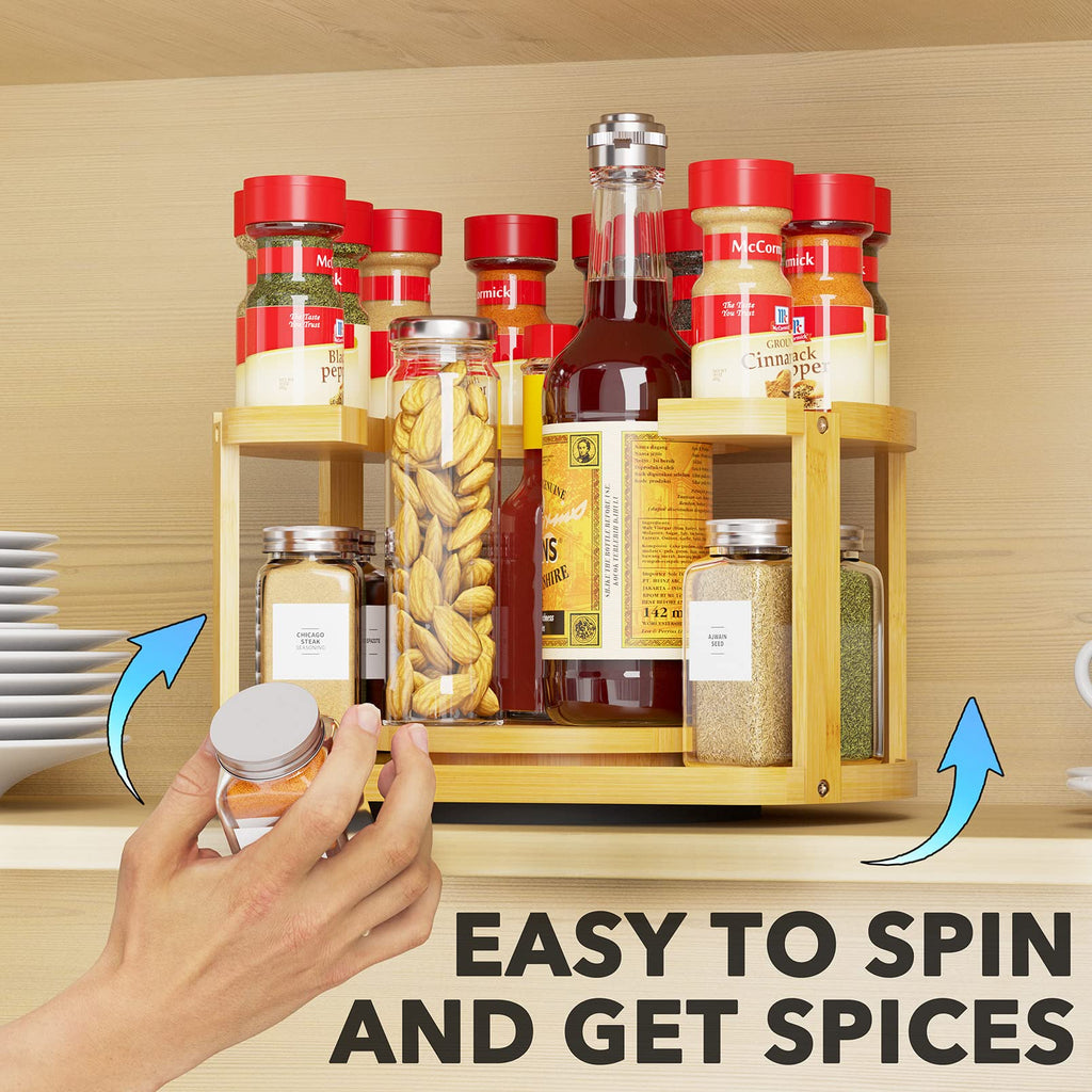 2 Tier Bamboo Spice Rack Organizer, Lazy Susan Turntable for Cabinet, Home Kitchen Spices Spinning Rotating Shelf