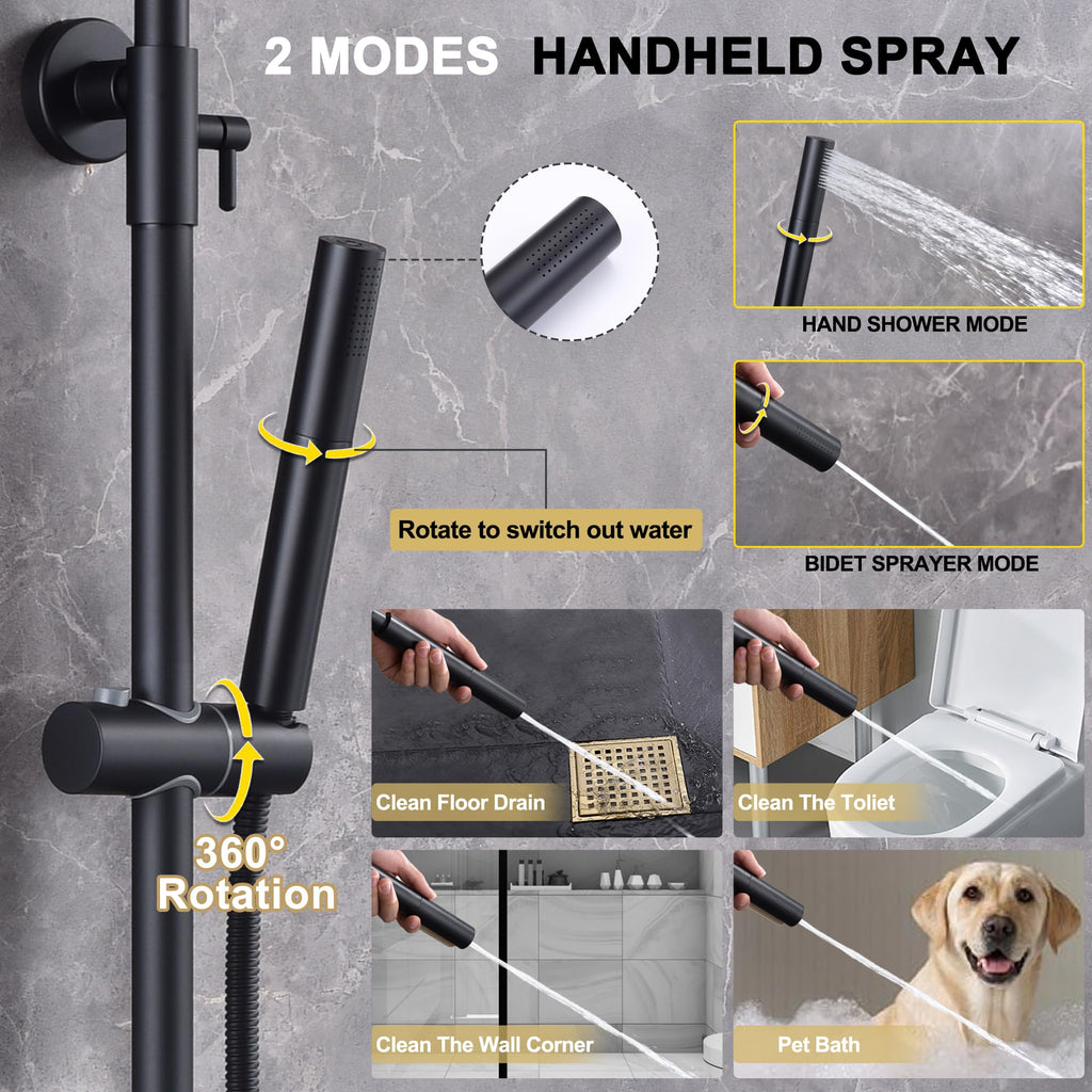 Matte Black Exposed Shower System with 2 Modes HandHeld,3 Functions Tub Shower Faucet Sets with Brass Valve, Shower