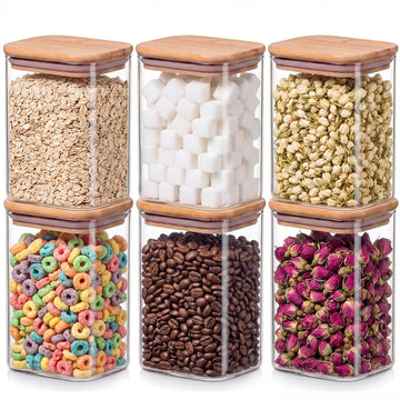 6-Pack 1.2Qt Rectangle Glass Storage Jars with Bamboo Lids