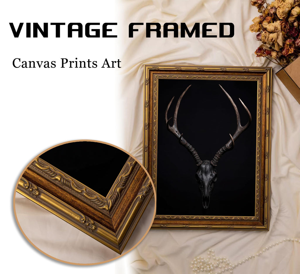 Vintage Gold Framed Gothic Wall Art, Black Deer Skull Canvas Print, Dark Academia Wall Decor, Spooky Witchcraftl