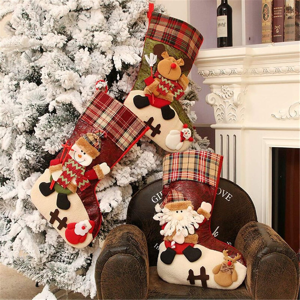 21 inch Plaid Christmas Stockings Deer, Bear, Animal One Piece, Felt Large Plush 3D Reindeer Snowman Design Hanging