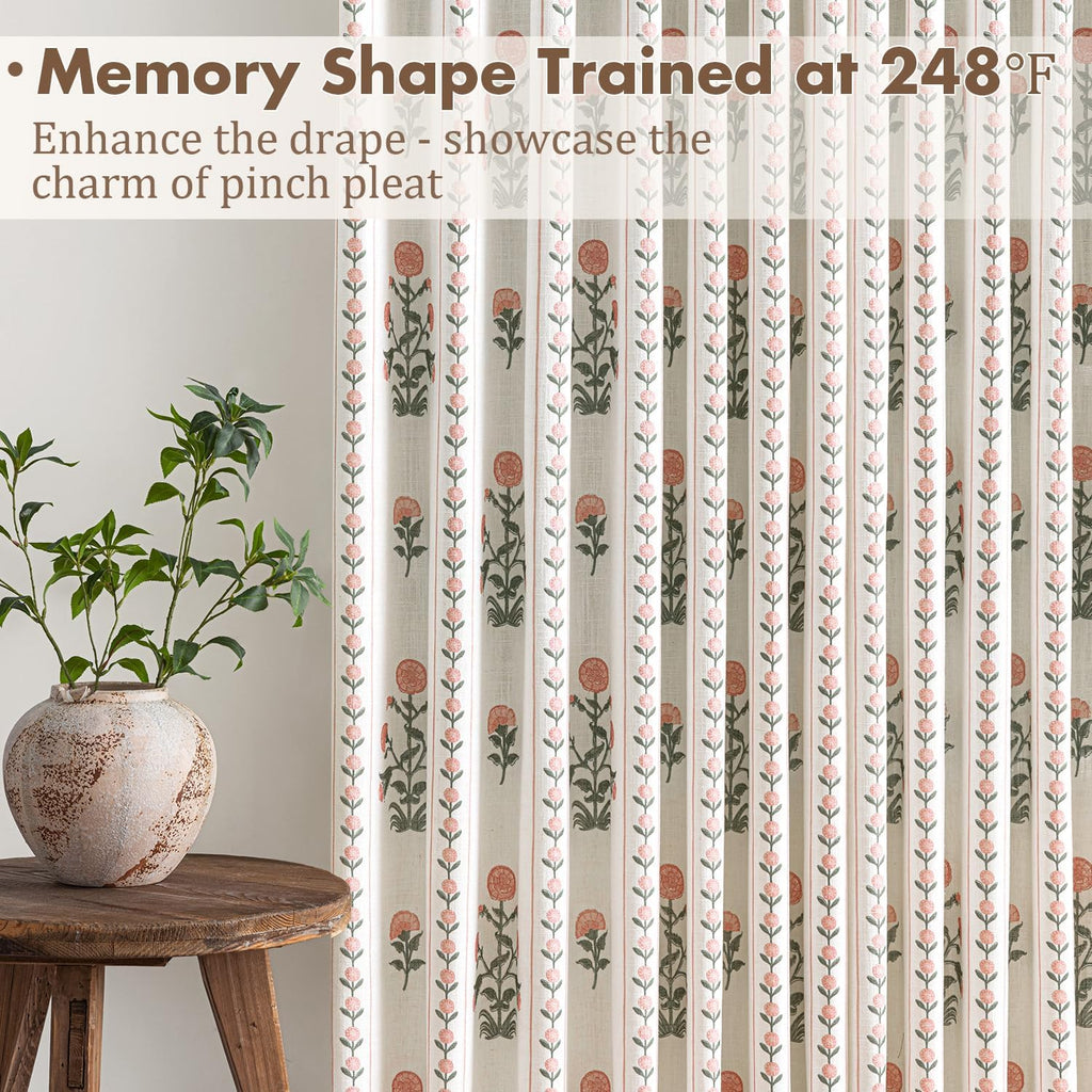Floral Pinch Pleated Linen Curtains for Living Room Bedroom Dining Room Farmhouse, Light Filtering Memory Trained
