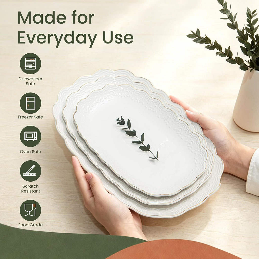 Ceramic Serving Platter Set | 14"/12"/10" Oval Serving Trays for Entertaining at Parties and Weddings | Oven Safe