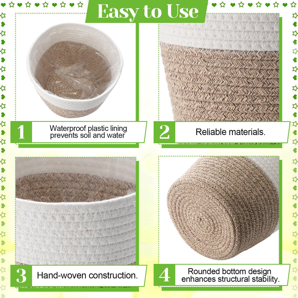 4 Pcs Cotton Rope Plant Baskets Indoor Woven Flower Baskets with Plastic Liner, Plant Planter for Indoor Outdoor