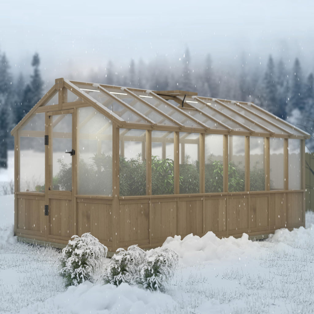 8 x 16 FT Wooden Greenhouse for Outdoor, Heavy Duty Greenhouse Kit with Window Vent and Lockable Door, Walk-in Green