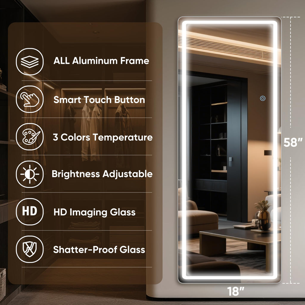 58"x18" LED Full Length Mirror, Lighted Floor Mirror, Rect