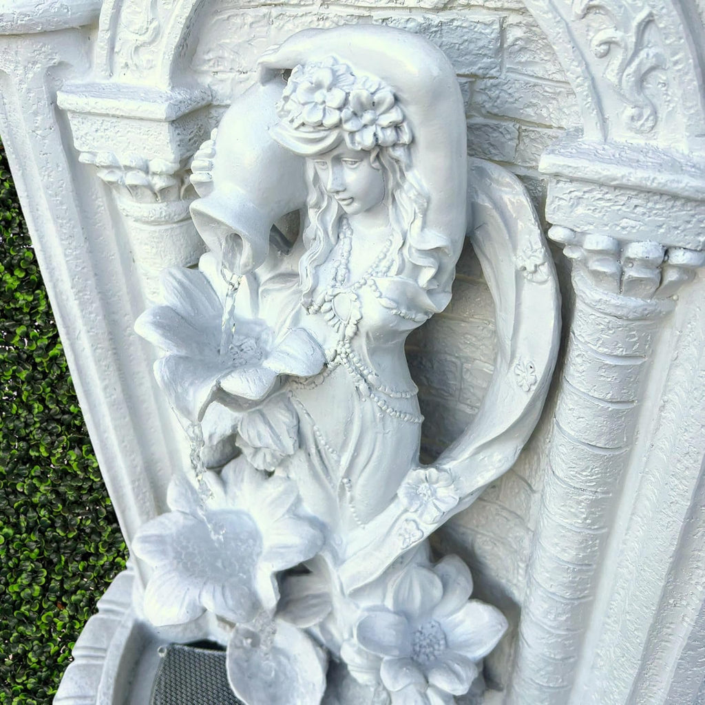 30.3" Solar-Powered Wall Mounted Water Fountain with Maiden & Floral Detail, Tiered Waterfall Design