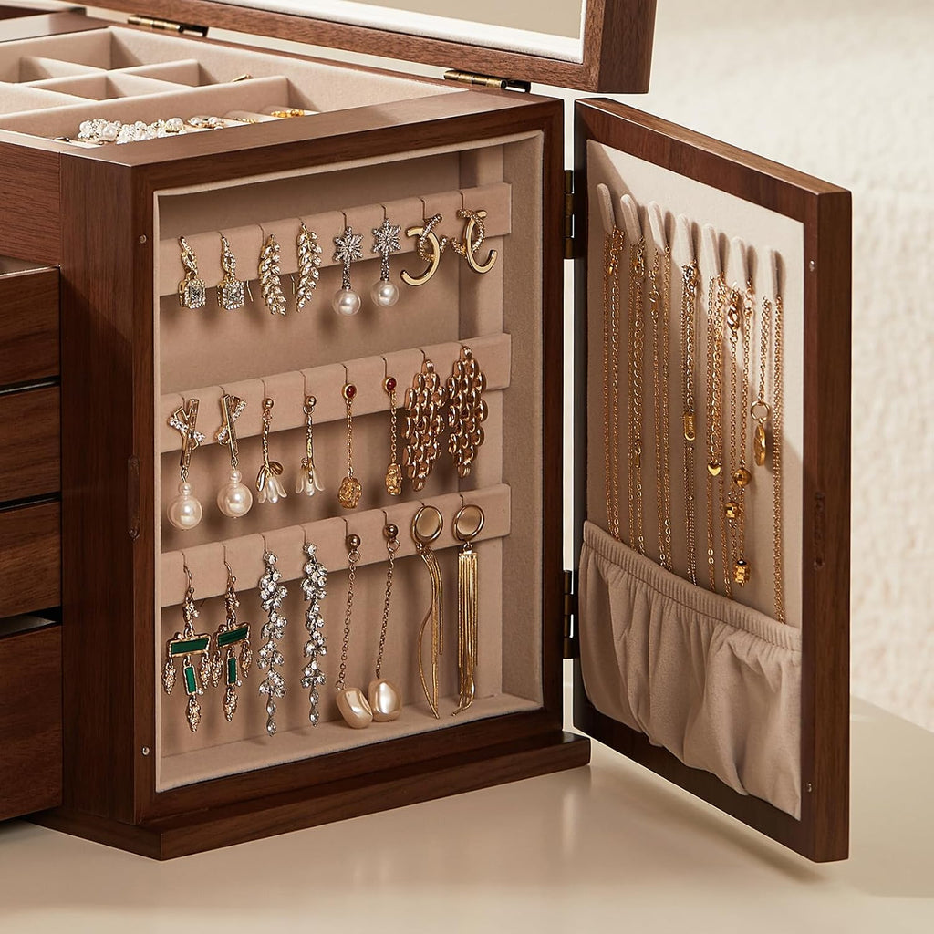 Black Walnut Wooden Jewelry Box for Women with Lock, Mirror, 5 Layer