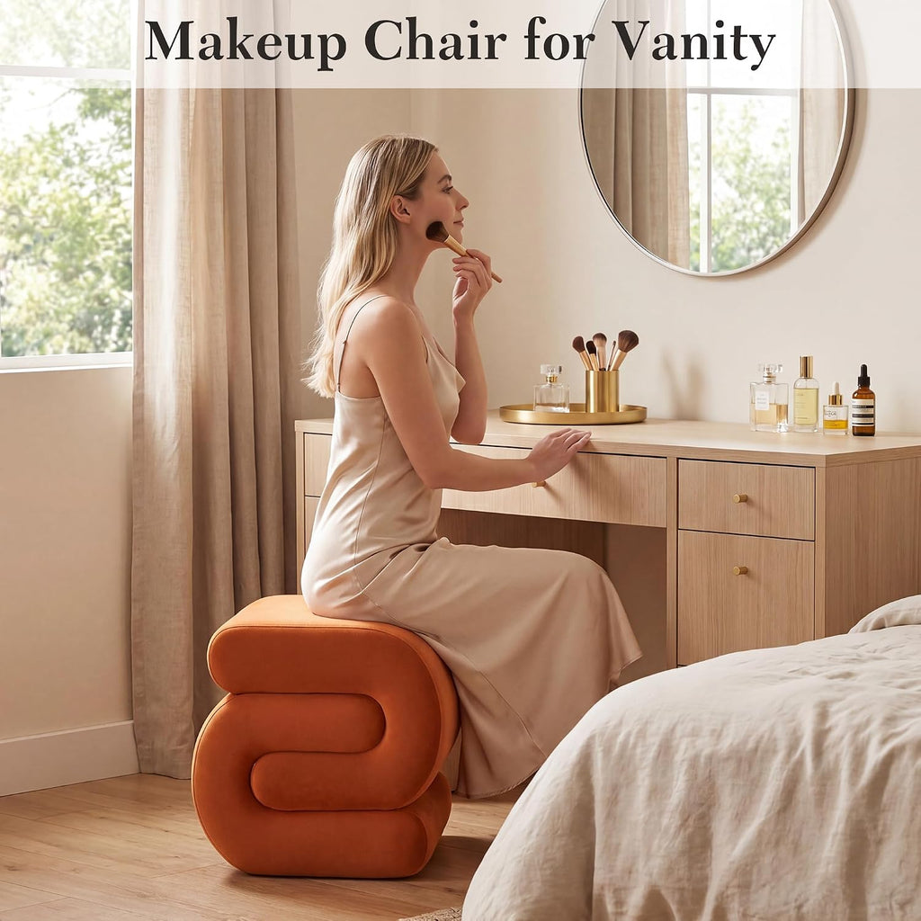 S Shape Modern Pouf Ottoman Vanity Stool, Velvet Orange | Footstool with Sponge Filling, No Assembly Required, Soft