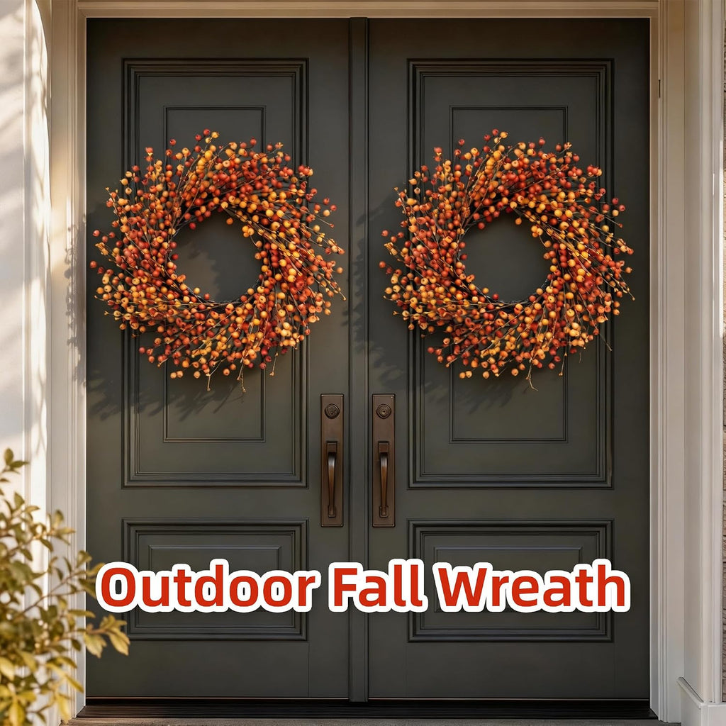 24" Berry Fall Wreath for Front Door, Orange/Yellow Autumn Harvest Wreath