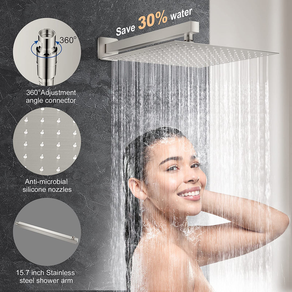 12 Inch Brushed Nickel Shower System, Wall Mounted High Pressure Rain Shower Head with Handheld Sprayer, Bathroom