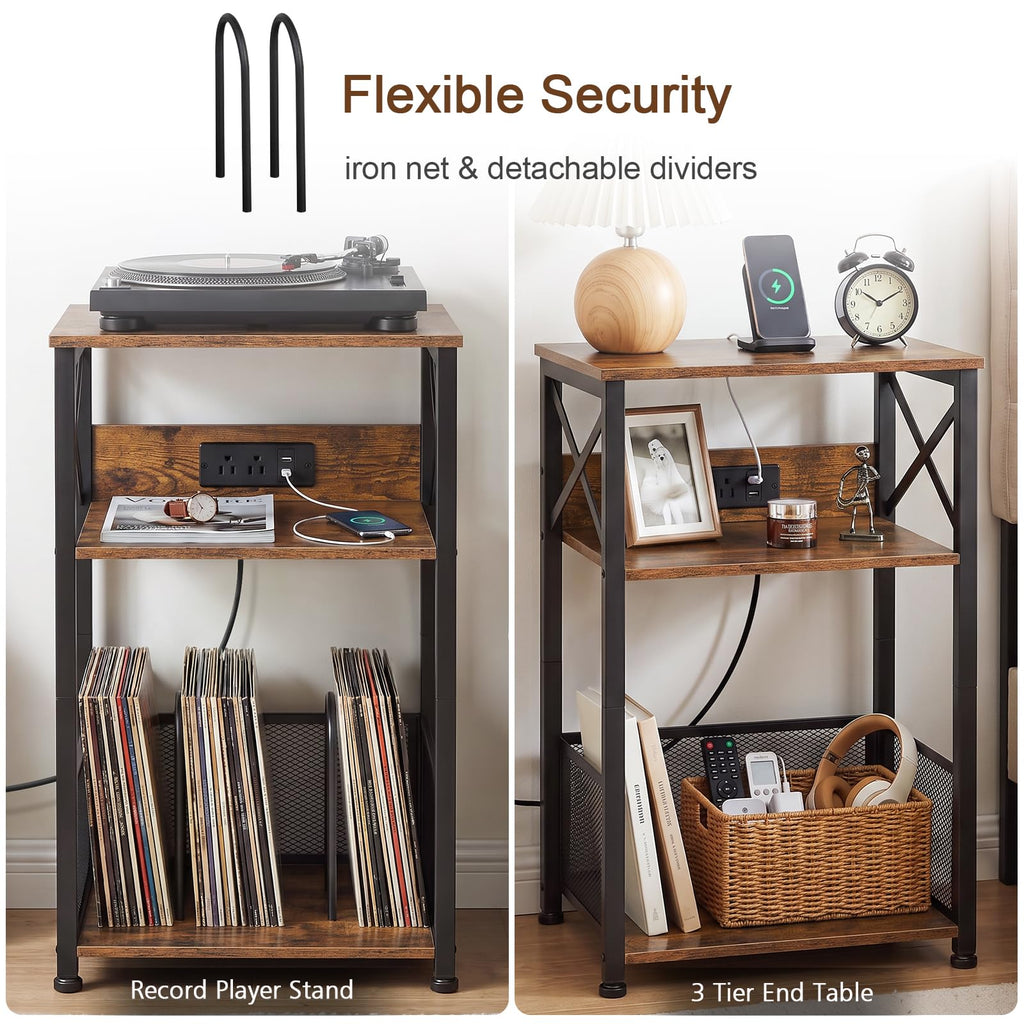 Record Player Stand with Charging Station, Vinyl Record Storage