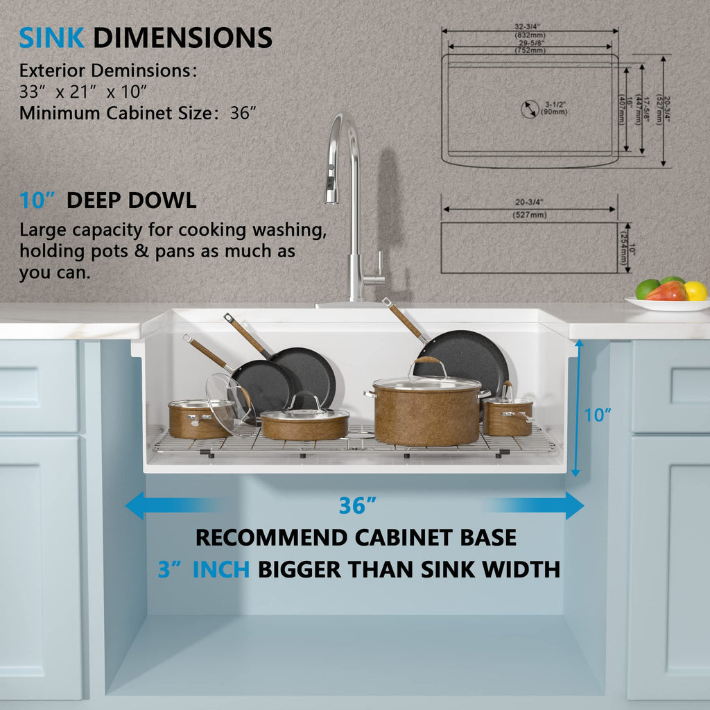 33"x21" White Farmhouse Sink Workstation Apron Front