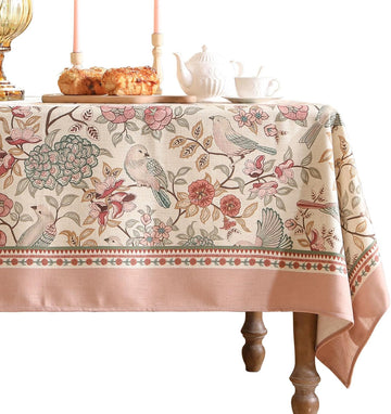Designer Pink Linen Table Cloth for Rectangle Table,Vintage Floral with Birds Pattern Decorative Tab