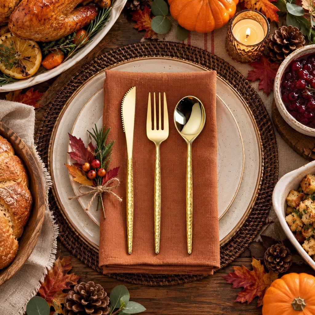 Gold Plastic Silverware, Gold Plastic Utensils, Heavy Duty Silverware, Includes:100 Knives, Forks and Spoons