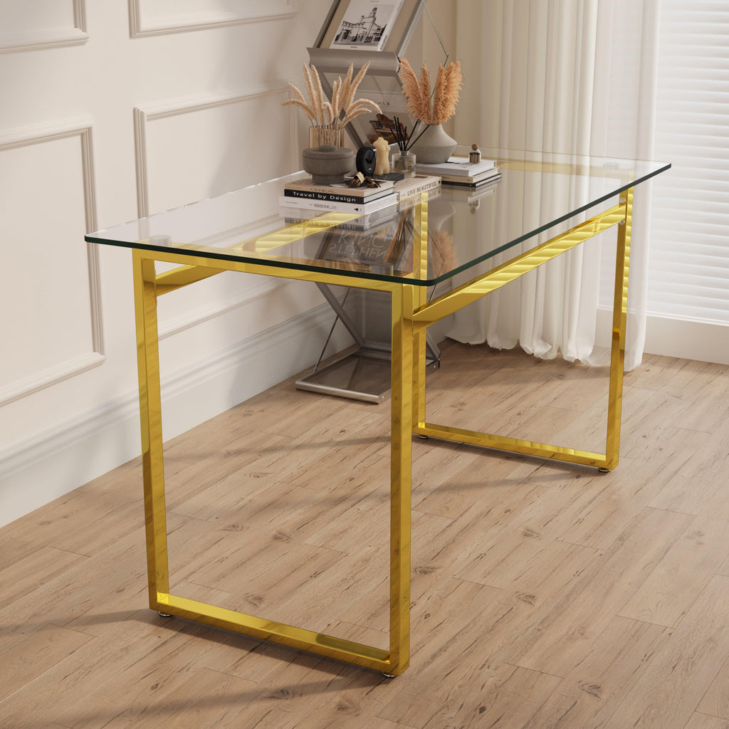 51" Modern Minimalist Rectangular Glass Dining Table for 4-6 with 0.31" Tempered Glass Tabletop and Chrome Metal