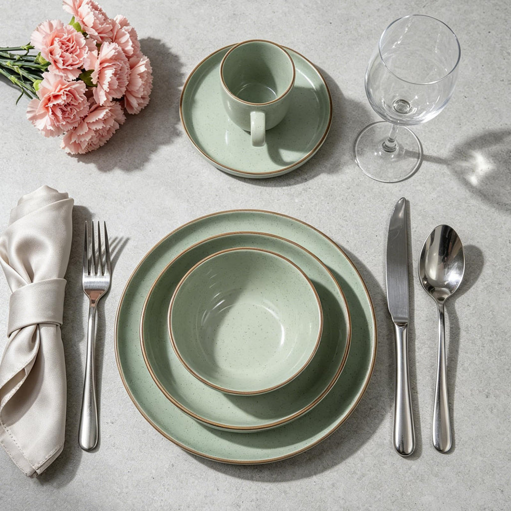 Eur-Nordic Shape Raising Rim 20pc Dinnerware Set, Shiny Glaze Green with Speckle Effect