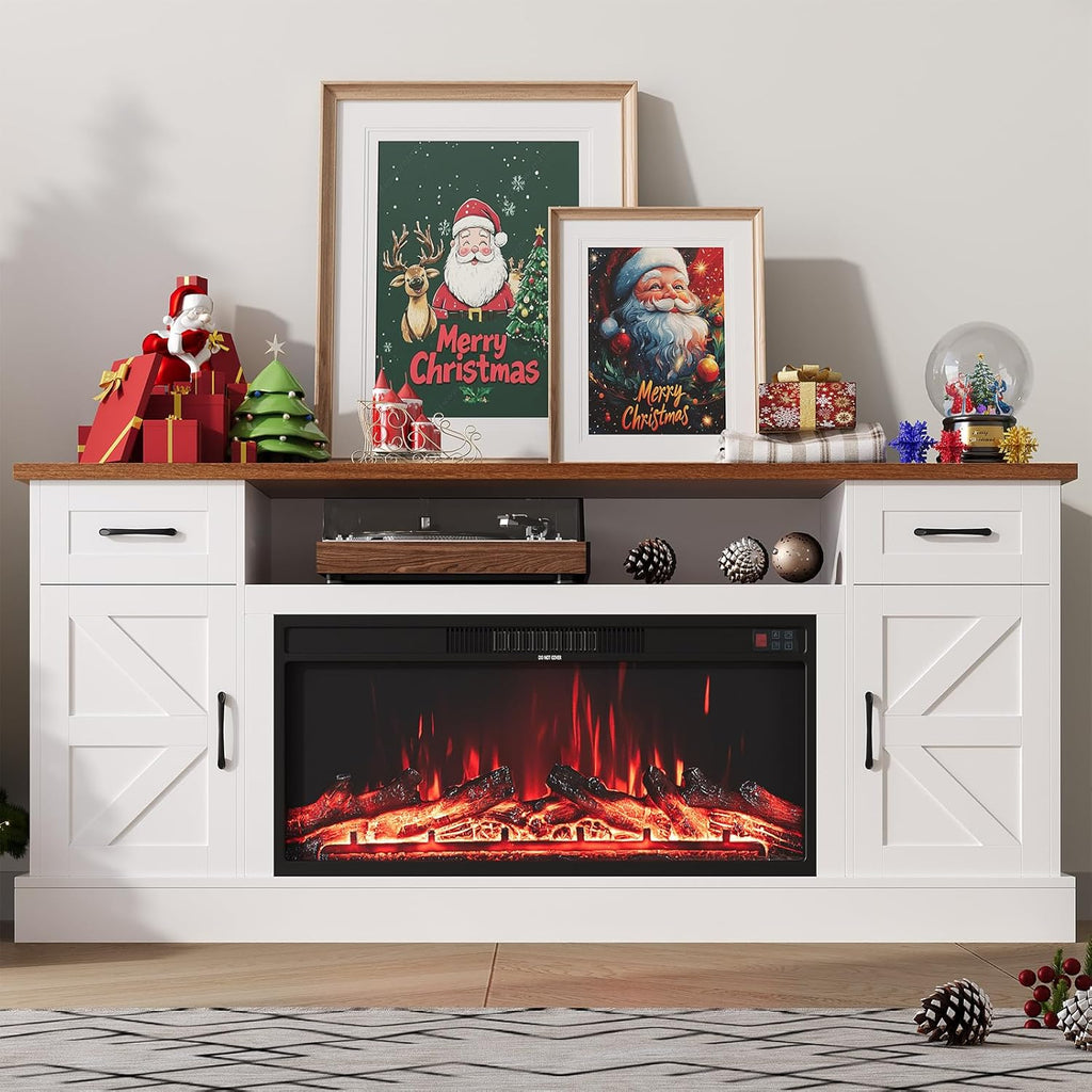 70 Inch Fireplace TV Stand for Living Room, Farmhouse Electric Fireplace Entertainment Center with Storage Cabinet, 12-Color 3D Flame and Heating, White