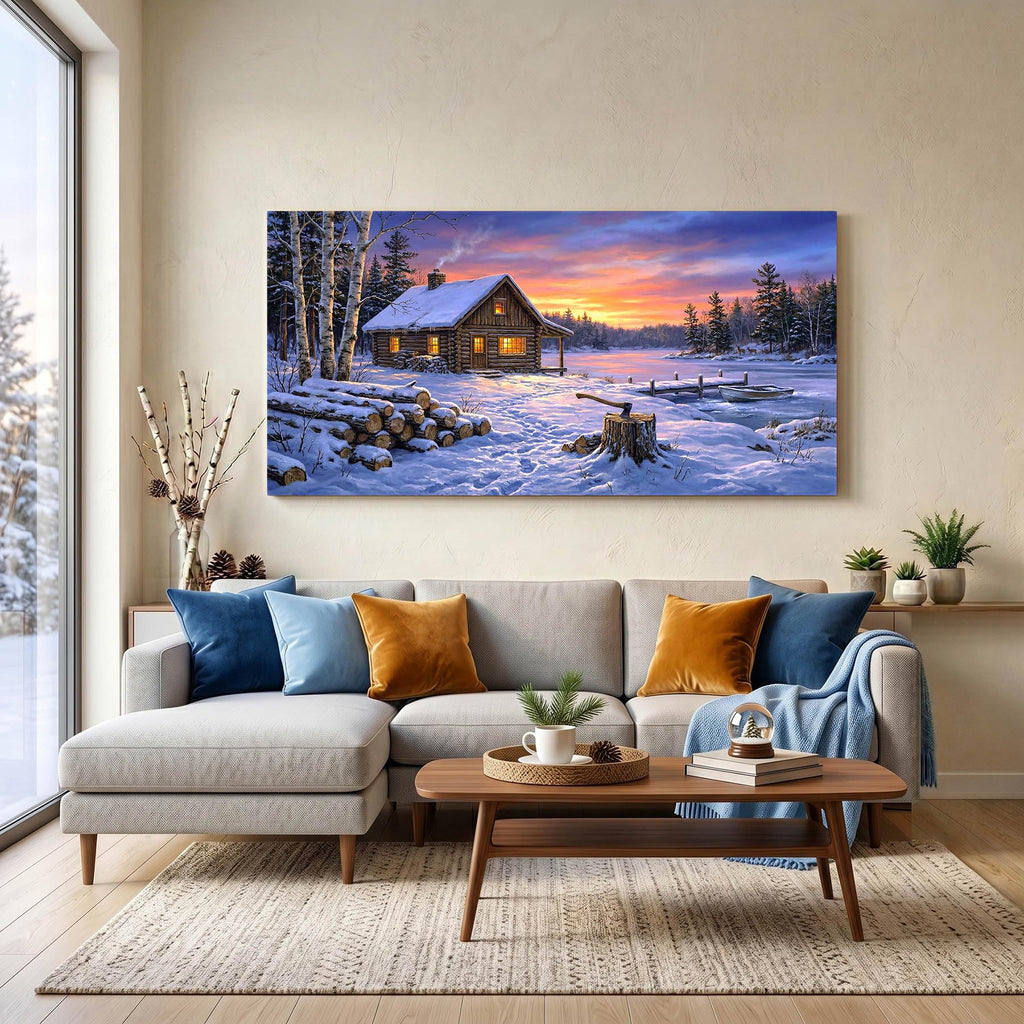 Blue Winter Cabin Wall Art Snow Landscape Canvas Print Framed Rustic Log House Pictures Sunset Lake Painting Bedroom