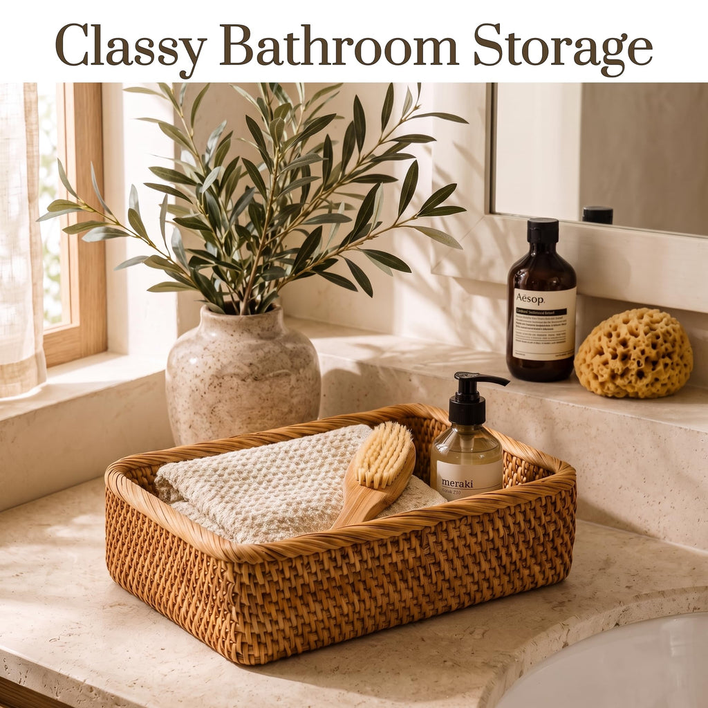 Natural Rattan Storage Baskets, Rectangular Woven Fruit Baskets, Decorative Wicker Basket and Small Baskets for