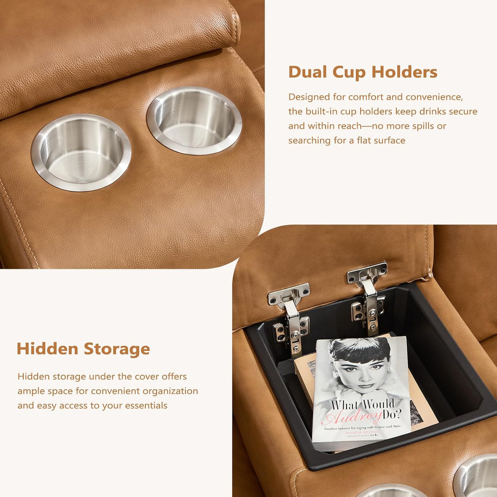 3-Piece Top Grain Leather Electric Recliner Sofa Set, Included Dual Motor Recliner with Power Headrest, Loveseat with
